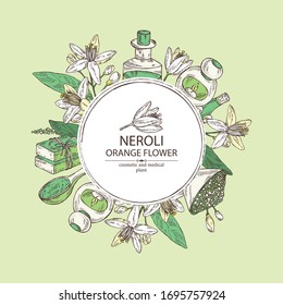Hintergrund mit Neroli, orangefarbene Blume: Blätter, Nerolblumen, Seife und Badesalz . Kosmetik, Parfüm und medizinische Anlagen. Vektorillustration, handgezeichnet