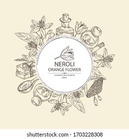 Background With Neroli, Orange Flower: Leaves, Neroli Flowers, Soap And Bath Salt . Cosmetic, Perfumery And Medical Plant. Vector Hand Drawn Illustration