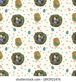 Background of a nest with a bird. Cute Easter poster of a bird house. Colored beautiful eggs. Spring illustration Easter, eggs, bird, chicken, foliage. Beautiful baby texture. Vector illustration