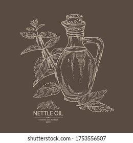 Background with nettle and bottle of nettle oil. Vector hand drawn illustration