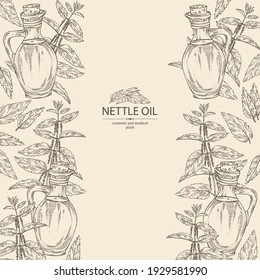 Background with nettle and bottle of nettle oil. Vector hand drawn illustration