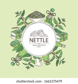 Background with nettle: plant, leaves, flowers, soap and bath salt . Cosmetic and medical plant. Vector hand drawn illustration