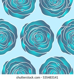 Background of a neutral and blue painted roses. Vector floral seamless pattern.