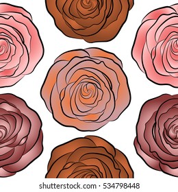 Background of a neutral, orange and pink painted roses. Vector floral seamless pattern.