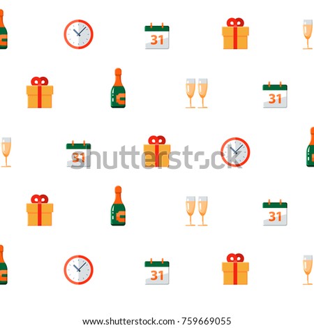 Background with new year and birthday items, champagne bottle with glasses, calendar and clock, yellow gift box, happy anniversary celebration, congratulations concept, vector  illustration, flat icon