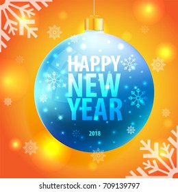 background with a New Year blue ball with text and snowflakes on orange background vector illustration

