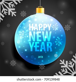 background with a New Year blue ball with text and snowflakes on black background vector illustration