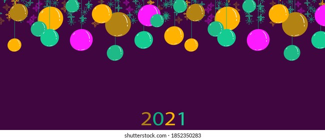 Background for the New Year. Christmas decorations, round colored balls, snowflakes, lettering.