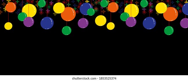 Antecedentes del Año Nuevo. Decoración navideña, bolas de colores redondos, copos de nieve, letras.