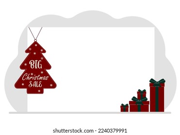 Background for new year or christmas. White sheet of paper for text with big sale label and red gift boxes. Vector flat illustration