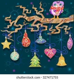 Background for new year holidays with an owl and Christmas decorations
