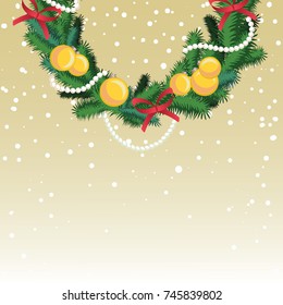 background New Year's wreath with decorations, snow