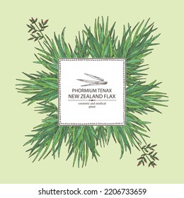 Background with new zealand flax: phormium tenax plant and new zealand flax leaves. Phormium tenax. Cosmetic, perfumery and medical plant. Vector hand drawn illustration