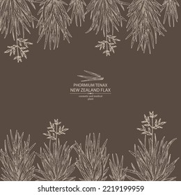 Background with new zealand flax: phormium tenax plant and new zealand flax leaves. Phormium tenax. Cosmetic, perfumery and medical plant. Vector hand drawn illustrat