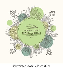 Background with new zealand flax: phormium tenax plant and new zealand flax leaves. Phormium tenax. Cosmetic, perfumery and medical plant. Vector hand drawn illustrat