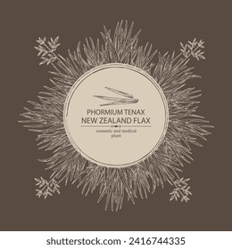 Background with new zealand flax: phormium tenax plant and new zealand flax leaves. Phormium tenax. Cosmetic, perfumery and medical plant. Vector hand drawn illustrat