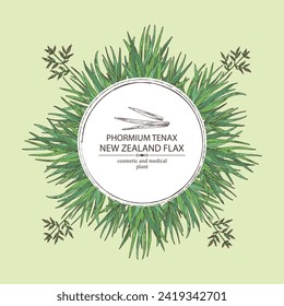 Background with new zealand flax: phormium tenax plant and new zealand flax leaves. Phormium tenax. Cosmetic, perfumery and medical plant. Vector hand drawn illustrat