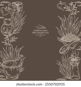 Background with new zealand flax: phormium tenax plant and new zealand flax leaves. Phormium tenax. Oil, soap and bath salt . Cosmetics and medical plant. Vector hand drawn illustration