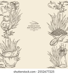 Contexto com linho da nova zelândia: planta de tenax de formio e folhas de linho da nova zelândia. Tenax de hormio. Óleo, sabão e sal de banho . Cosméticos e planta médica. Ilustração desenhada à mão vetorial