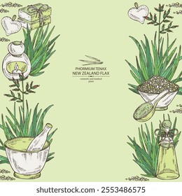 Background with new zealand flax: phormium tenax plant and new zealand flax leaves. Phormium tenax. Oil, soap and bath salt . Cosmetics and medical plant. Vector hand drawn illustration