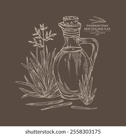 Background with new zealand flax: phormium tenax plant, new zealand flax leaves and bottle of zealand flax oil. Phormium tenax. Vector hand drawn illustration