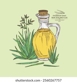 Background with new zealand flax: phormium tenax plant, new zealand flax leaves and bottle of zealand flax oil. Phormium tenax. Vector hand drawn illustration