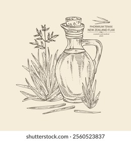 Background with new zealand flax: phormium tenax plant, new zealand flax leaves and bottle of zealand flax oil. Phormium tenax. Vector hand drawn illustration