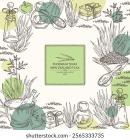 Background with new zealand flax: phormium tenax plant and new zealand flax leaves. Phormium tenax. Oil, soap and bath salt . Cosmetics and medical plant. Vector hand drawn illustration