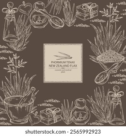 Background with new zealand flax: phormium tenax plant and new zealand flax leaves. Phormium tenax. Oil, soap and bath salt . Cosmetics and medical plant. Vector hand drawn illustration