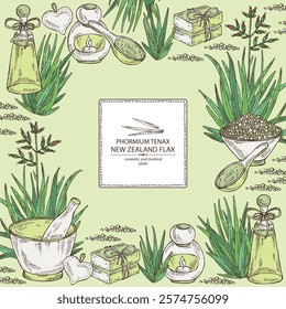 Background with new zealand flax: phormium tenax plant and new zealand flax leaves. Phormium tenax. Oil, soap and bath salt . Cosmetics and medical plant. Vector hand drawn illustration