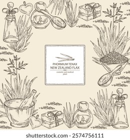 Background with new zealand flax: phormium tenax plant and new zealand flax leaves. Phormium tenax. Oil, soap and bath salt . Cosmetics and medical plant. Vector hand drawn illustration