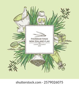 Background with new zealand flax: phormium tenax plant and new zealand flax leaves. Phormium tenax. Oil, soap and bath salt . Cosmetics and medical plant. Vector hand drawn illustration