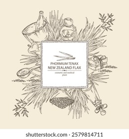 Background with new zealand flax: phormium tenax plant and new zealand flax leaves. Phormium tenax. Oil, soap and bath salt . Cosmetics and medical plant. Vector hand drawn illustration