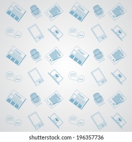 Background for news. Pattern with blue outline icons for news on gray background.