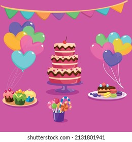 Background of nice cake with candles.Cute dessert cake sticker, bakery element graphic vector
