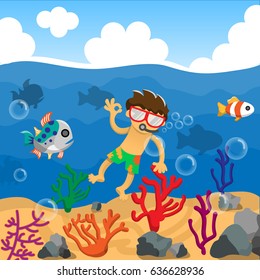 Background with nice scuba divers. Boy swimming in the sea with fish, stones and seaweed around him.