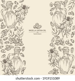 Background with nigella sativa and bottle of nigella sativa oil. Vector hand drawn illustration