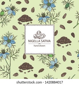 Background with nigella sativa: seeds and flower of nigella sativa. Vector hand drawn illustration 