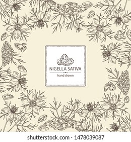 Background with nigella sativa: seeds and flower of nigella sativa. Vector hand drawn illustration