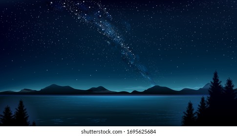 Background night above sea.Night mountain landscape and the Milky Way. Panoramic wide banner. Nature. Vector graphics.