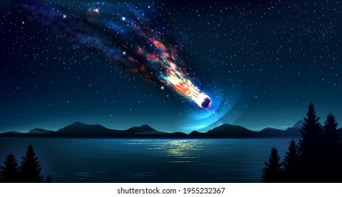 Background night above sea.Night mountain landscape and the Milky Way. Vector 3d. A comet or asteroid with transparent smoke. Explosion in space. Universe
