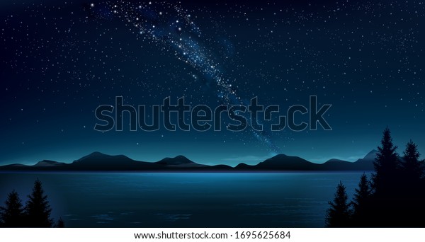 海の上の背景に夜 夜の山水と天の川 パノラマ用の広いバナー 自然 ベクター画像 のベクター画像素材 ロイヤリティフリー