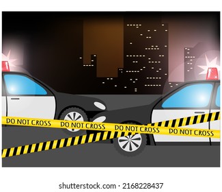 Background with the night city accident, police autos and band. Vector illustration