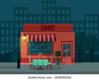 Antecedentes de la ciudad nocturna y café cerrado, ilustración vectorial