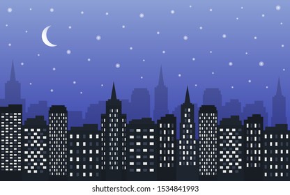 Background of the night city with tall buildings. Night sky with stars and moon.