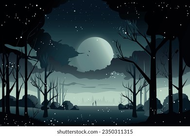 Background night forest. A captivating illustration of a nocturnal forest with a stunning background of mystic moon. Vector illustration.