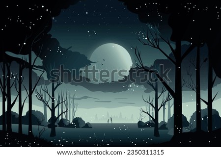 Background night forest. A captivating illustration of a nocturnal forest with a stunning background of mystic moon. Vector illustration.