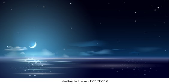 Background night and month above sea. Panoramic wide banner. Nature. Vector graphics.