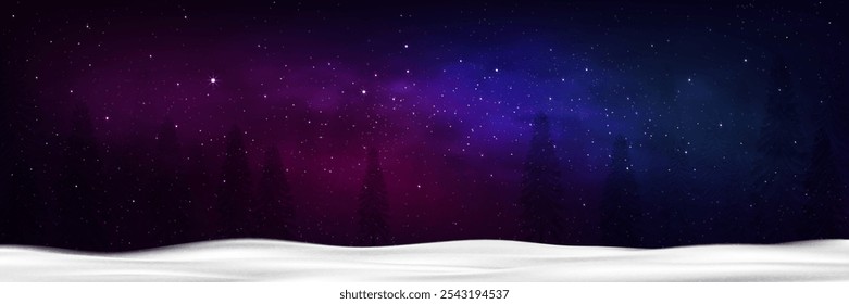 Background Night in purple,blue sky with starry,snow falling over forest pine tree,Cartoon Winter wonderland landscape with snowy,blizzard for Christmas banner,Vector Xmas,New year 2025 greeting card