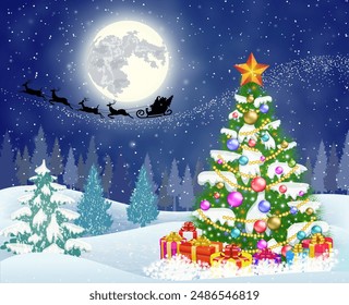 fondo de cielo nocturno con árbol de navidad y cajas de regalo, luna y la silueta de Papá Noel volando en un trineo tirado por renos. concepto para saludo o postal, Ilustración vectorial